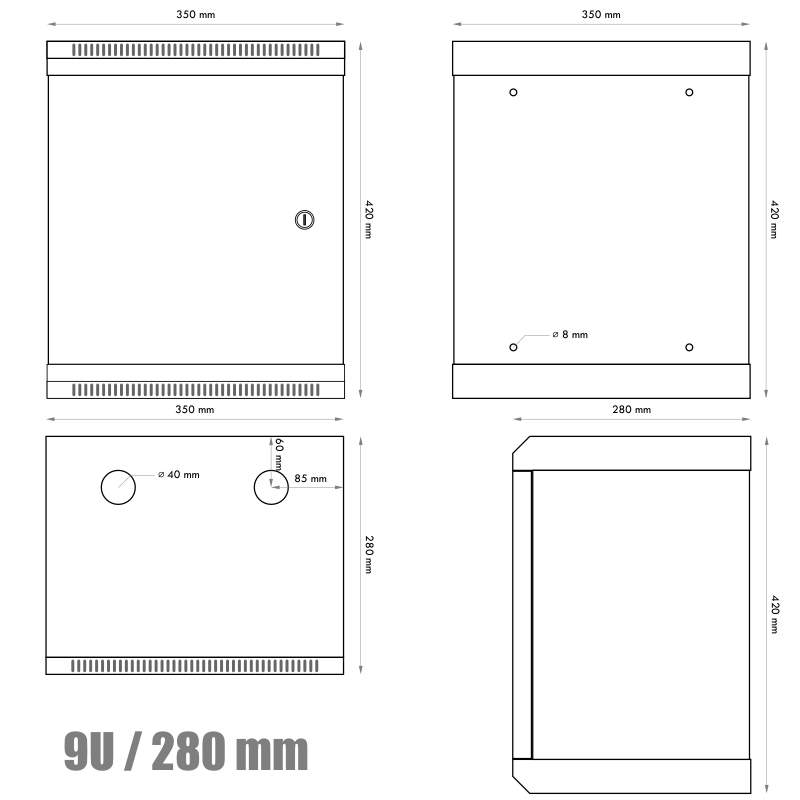 Obrázek 10" rack jednodílný 9U/280 DATACOM šedý plech.dv.