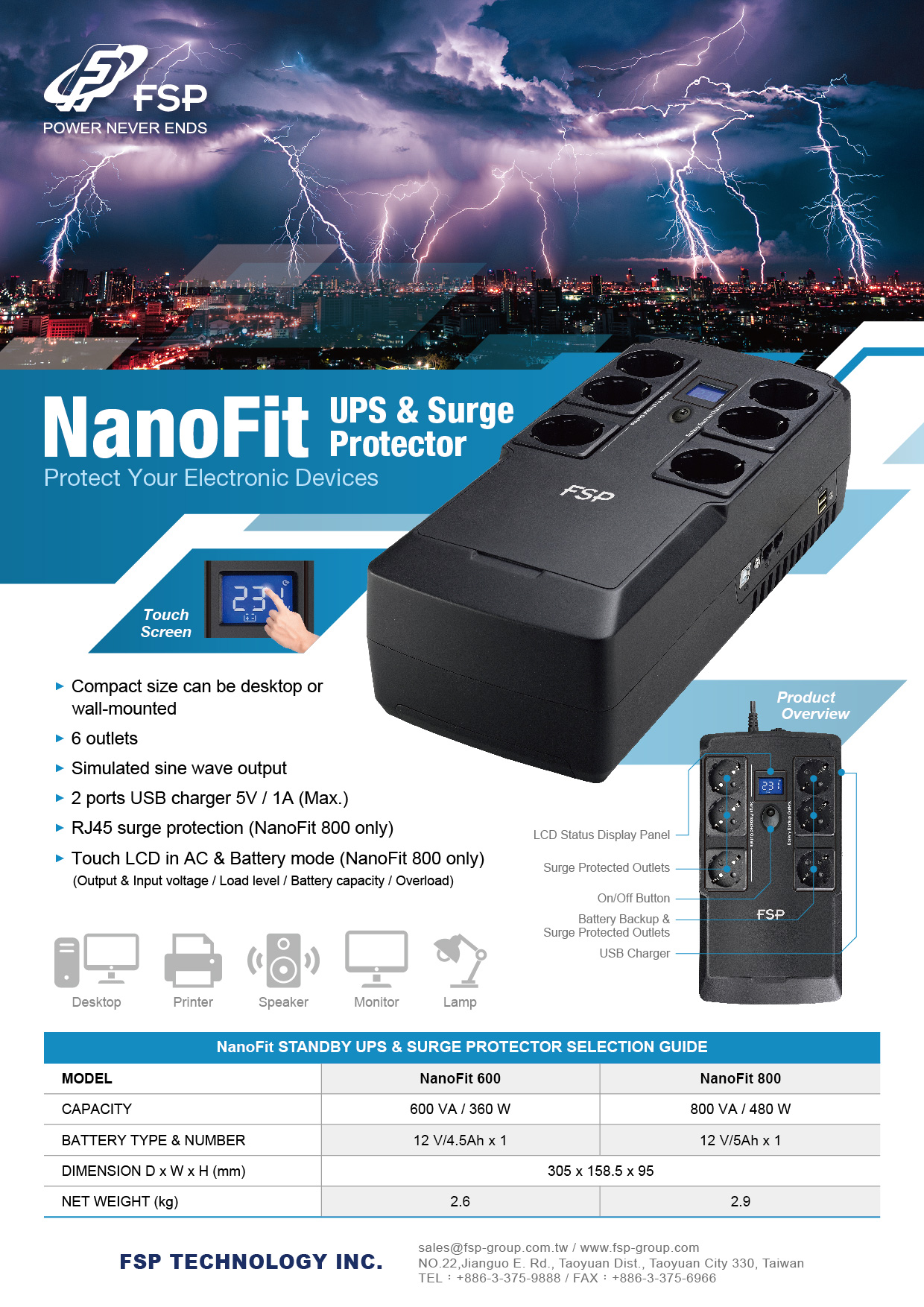 Obrázek FSP UPS NanoFit 800, 800 VA / 480 W, 2xUSB power, LCD, RJ45, offline