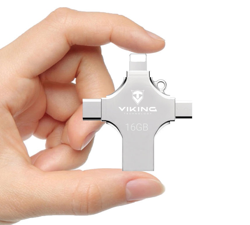 Obrázek Viking 4v1/Flash USB/16GB/USB 3.0/USB-A + USB-C/+ Adaptér/Stříbrná