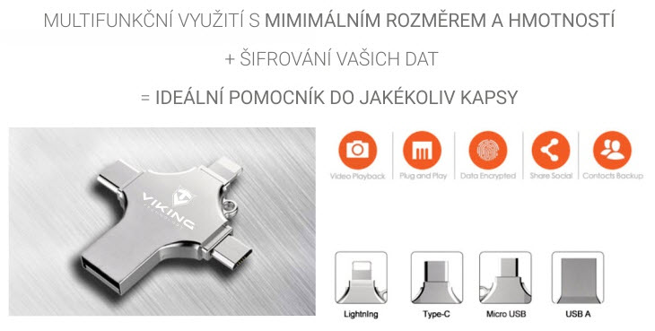 Obrázek Viking 4v1/Flash USB/16GB/USB 3.0/USB-A + USB-C/+ Adaptér/Stříbrná