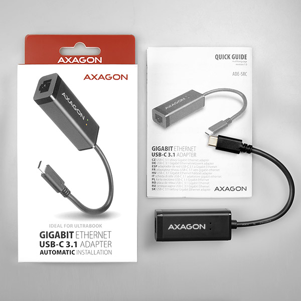 Obrázek AXAGON ADE-SRC, USB-C 3.2 Gen 1 - Gigabit Ethernet síťová karta, auto instal, černá