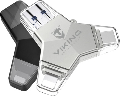 Obrázek VIKING USB FLASH DISK 3.0 4v1 128GB, S KONCOVKOU APPLE LIGHTNING, USB-C, MICRO USB, USB3.0, černá