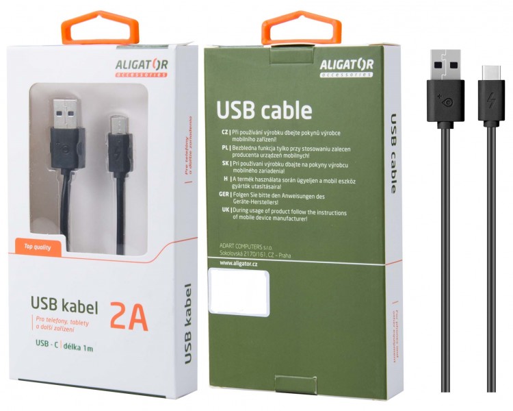 Obrázek Datový kabel , USB-C, 2A, 1m, prodloužený konektor 9mm, černý