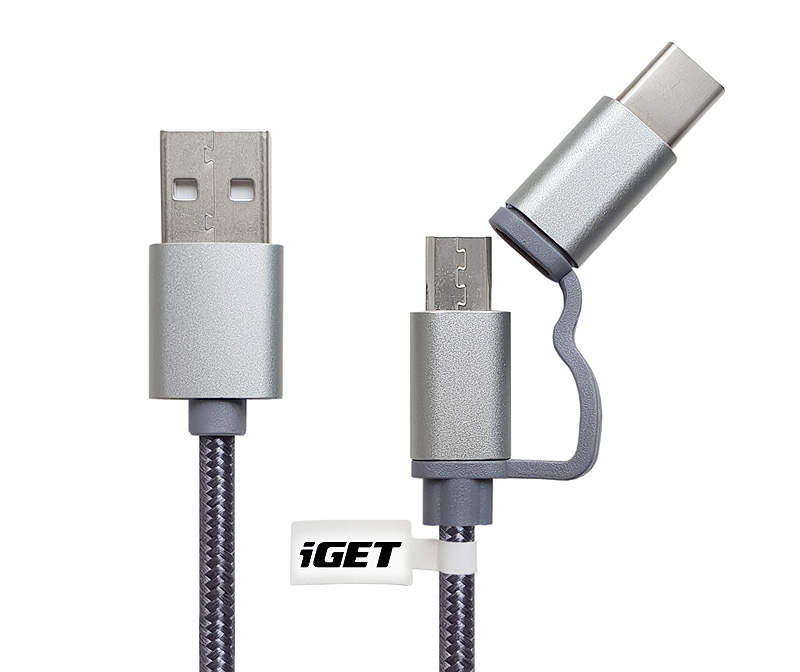 Obrázek iGET G2V1 - USB kabel Micro USB/ USB - C dlouhý pro veškeré mobilní telefony, včetně odolných