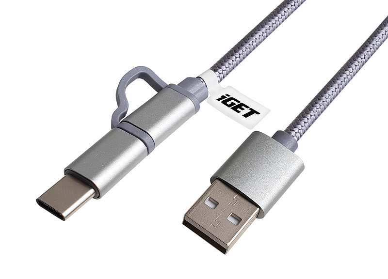 Obrázek iGET G2V1 - USB kabel Micro USB/ USB - C dlouhý pro veškeré mobilní telefony, včetně odolných