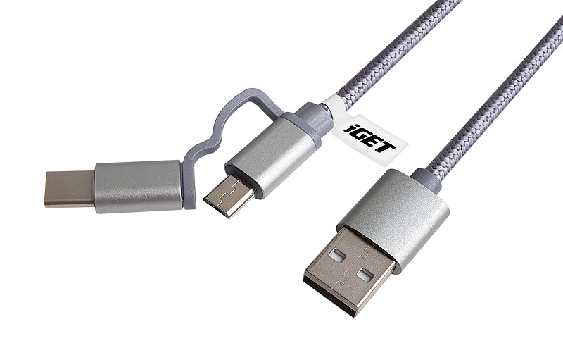 Obrázek iGET G2V1 - USB kabel Micro USB/ USB - C dlouhý pro veškeré mobilní telefony, včetně odolných