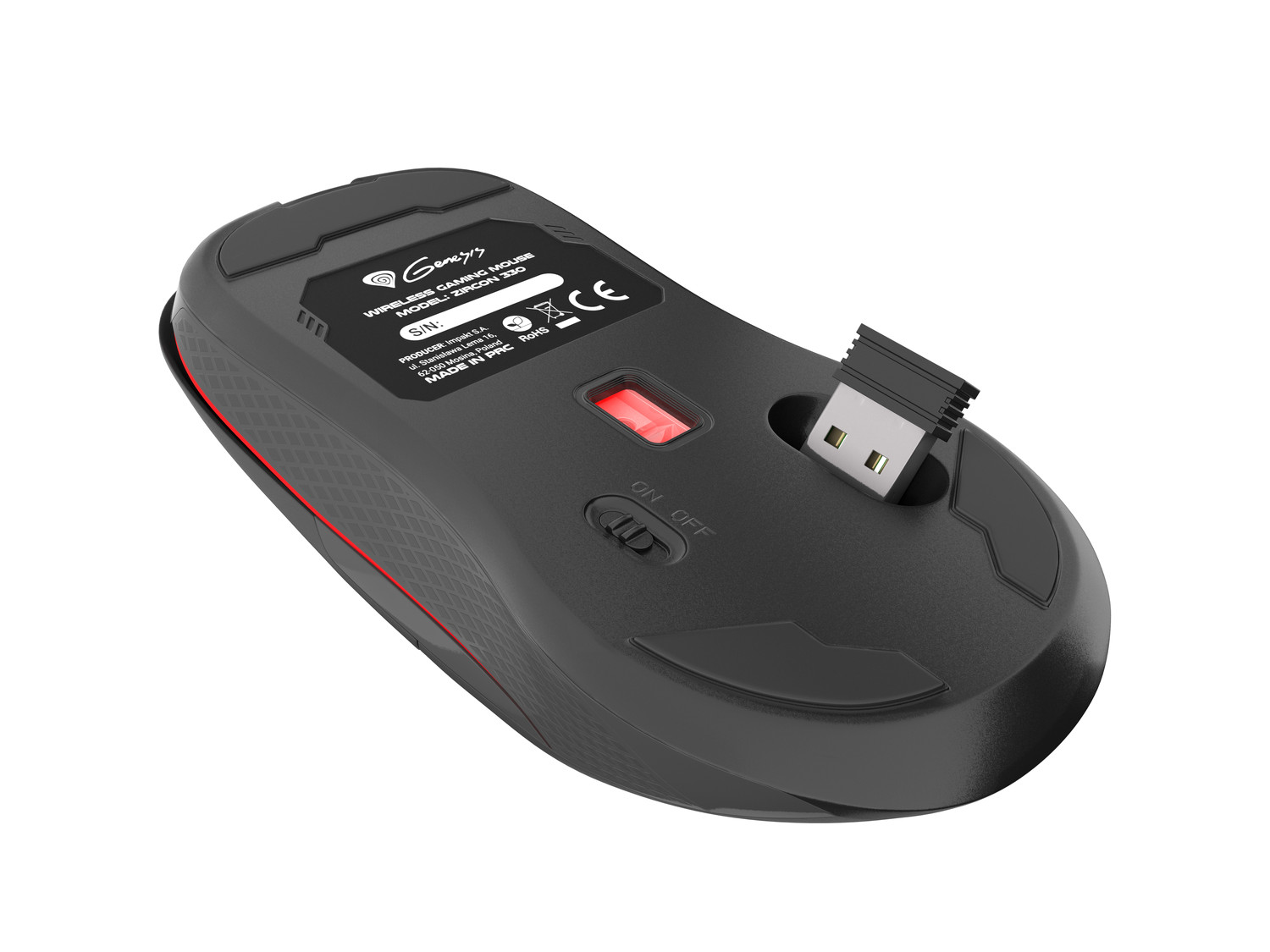 Obrázek Genesis herní optická myš ZIRCON 330/RGB/3600 DPI/Herní/Optická/Bezdrátová USB/Černá-červená
