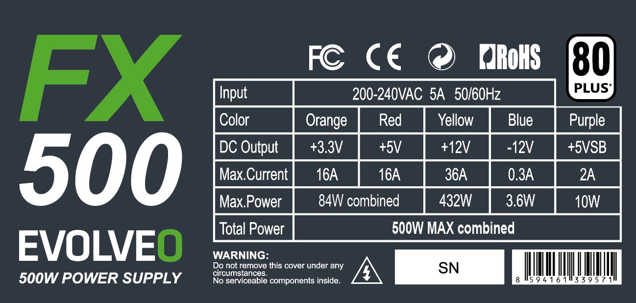 Obrázek EVOLVEO FX 500/500W/ATX/80PLUS 230V EU/Bulk