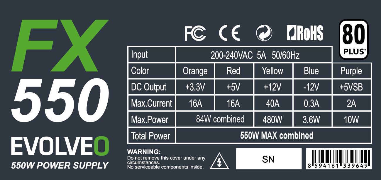 Obrázek EVOLVEO FX 550/550W/ATX/80PLUS 230V EU/Bulk