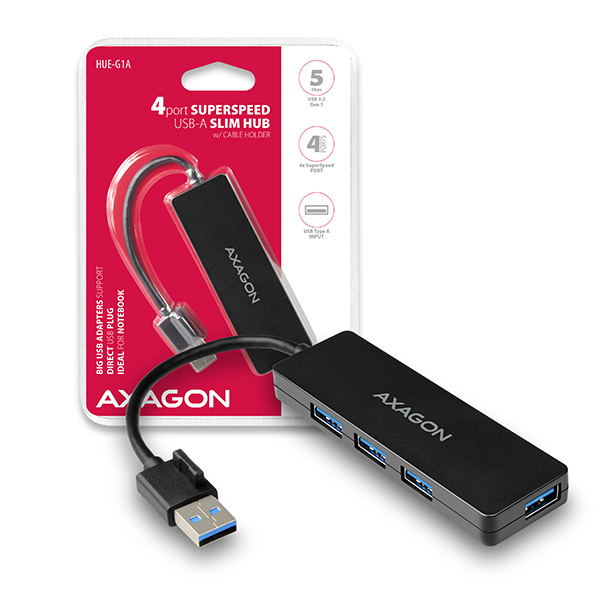 Obrázek AXAGON HUE-G1A, 4x USB 3.2 Gen 1 SLIM hub, kabel Type-A 14cm napevno