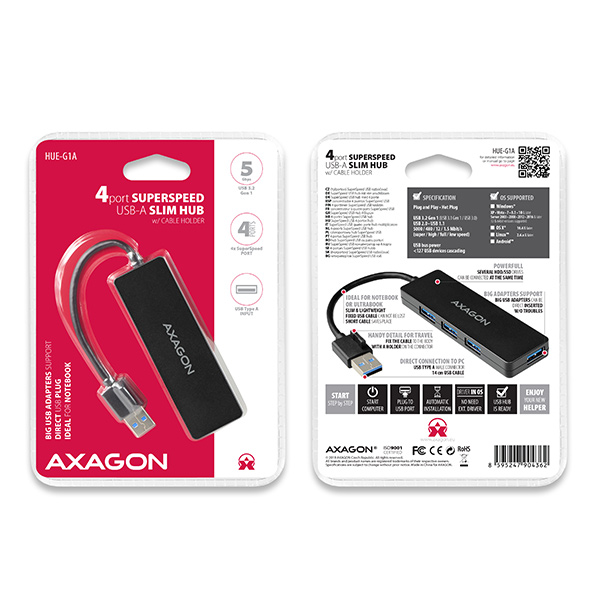 Obrázek AXAGON HUE-G1A, 4x USB 3.2 Gen 1 SLIM hub, kabel Type-A 14cm napevno