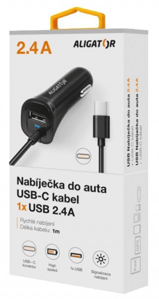 Obrázek Aligator nab. do auta USB-C s USB 2,4A černá