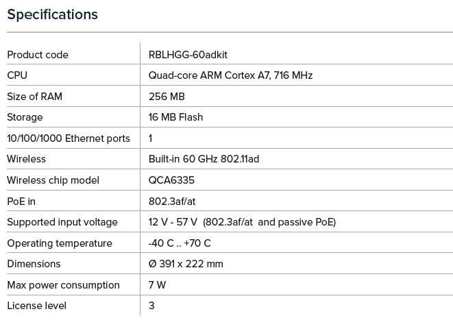 Obrázek MikroTik RBLHGG-60ad, 60GHz Wireless Wire Dish jednotka