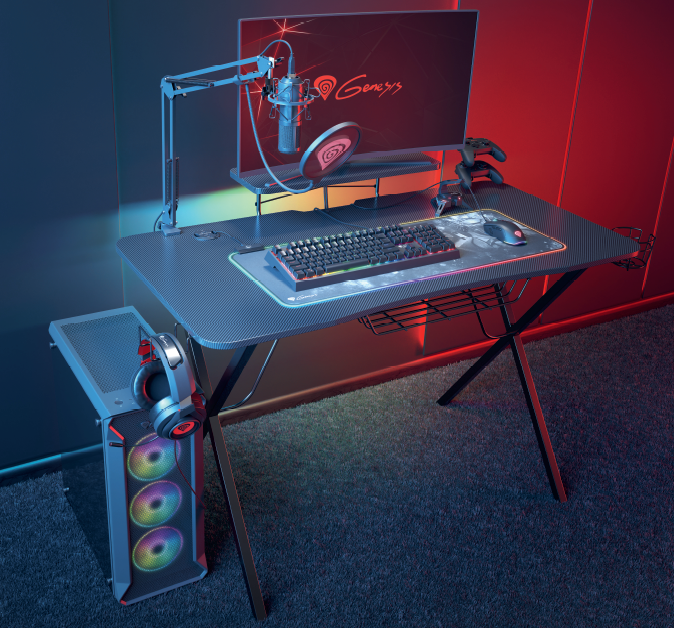 Obrázek Genesis Holm 300 RGB - herní stůl s RGB podsvícením, 3xUSB 3.0, bezdrátová nabíječka mobilů
