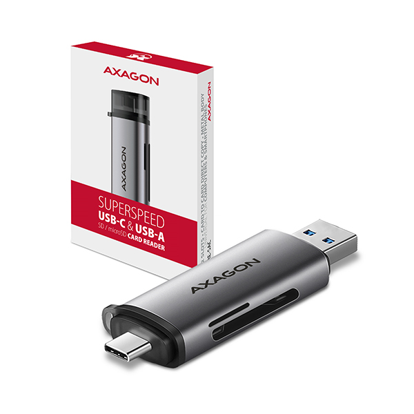 Obrázek AXAGON CRE-SAC, USB3.2 Gen 1 Type-C + Type-A externí čtečka karet SD/microSD, podpora UHS-I