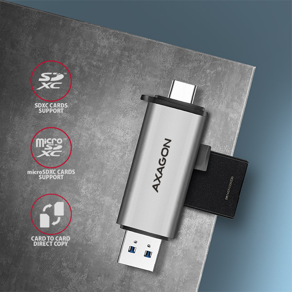 Obrázek AXAGON CRE-SAC, USB3.2 Gen 1 Type-C + Type-A externí čtečka karet SD/microSD, podpora UHS-I