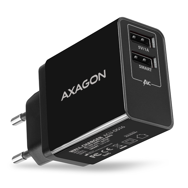 Obrázek AXAGON ACU-DS16, SMART nabíječka do sítě 16W, 2x USB-A port, 5V/2.2A + 5V/1A