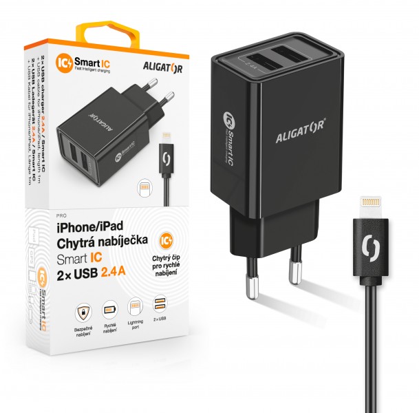 Obrázek ALIGATOR Chytrá síťová nabíječka 2,4A, 2xUSB, smart IC, černá, USB kabel pro iPhone/iPad