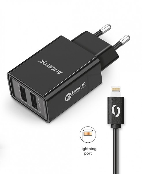 Obrázek ALIGATOR Chytrá síťová nabíječka 2,4A, 2xUSB, smart IC, černá, USB kabel pro iPhone/iPad