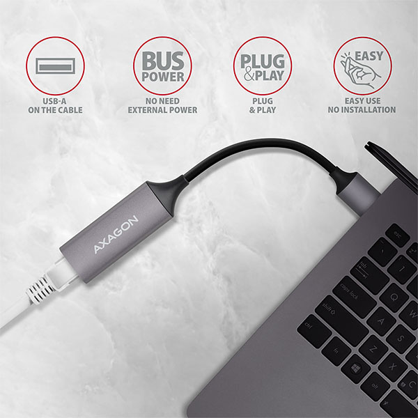 Obrázek AXAGON ADE-TR, USB-A 3.2 Gen 1 - Gigabit Ethernet síťová karta, auto instal, titanově šedá