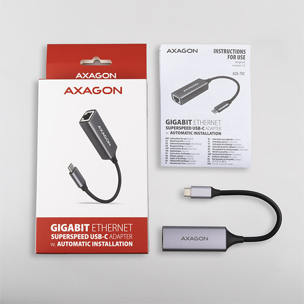 Obrázek AXAGON ADE-TRC, USB-C 3.2 Gen 1 - Gigabit Ethernet síťová karta, auto instal, titanově šedá