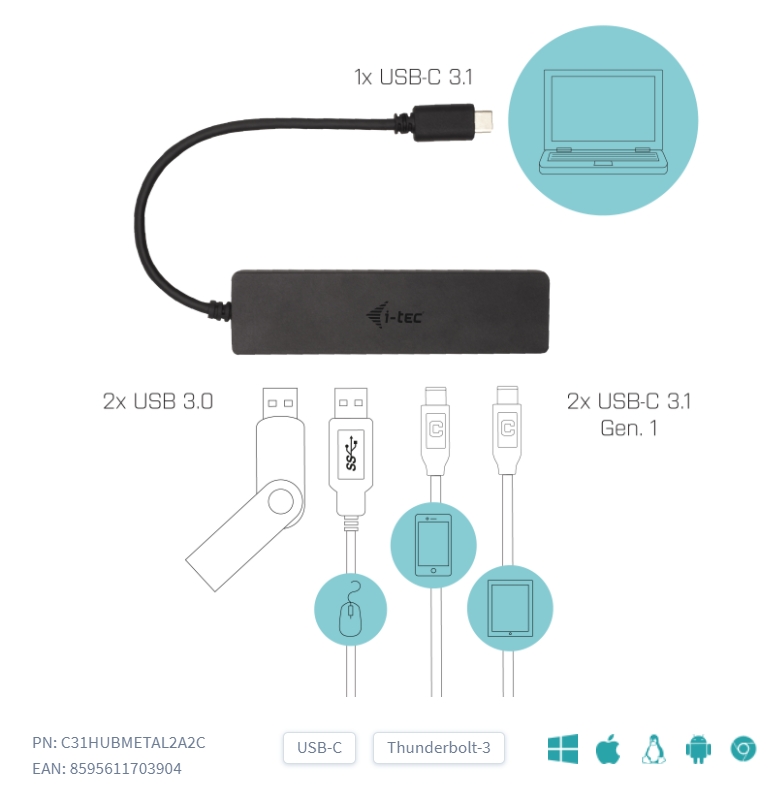 Obrázek i-tec USB-C Metal HUB 2x USB 3.0 + 2x USB-C