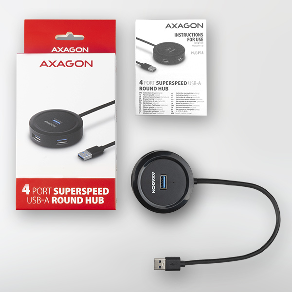 Obrázek AXAGON HUE-P1A, 4x USB 3.2 Gen 1 ROUND hub, micro USB napájecí konektor, kabel USB-A 30cm
