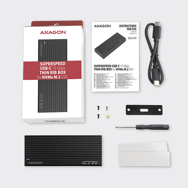 Obrázek AXAGON EEM2-GTR, USB-C 3.2 Gen 2 - M.2 NVMe SSD kovový THIN RIB box