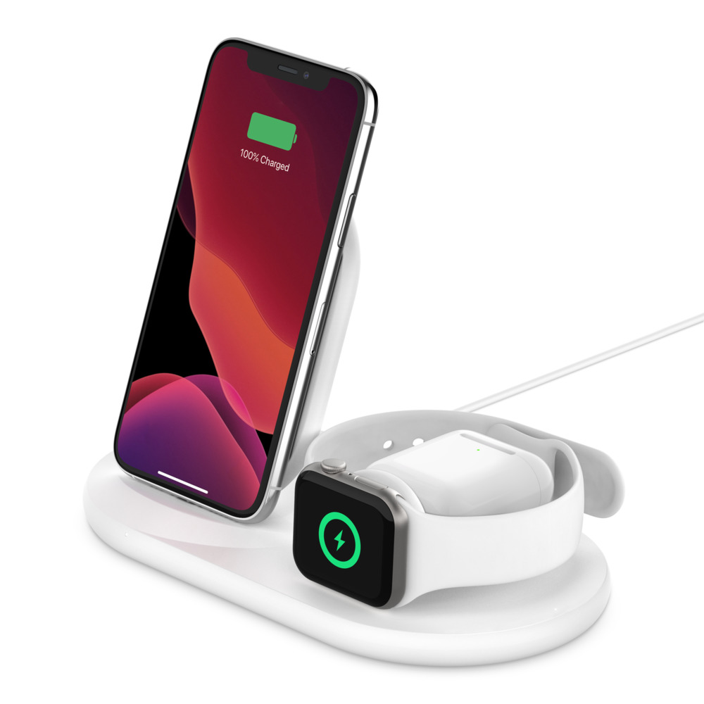 Obrázek BELKIN Qi 3v1 nabíjecí stojan, bílý (iPhone, Apple Watch, AirPods)