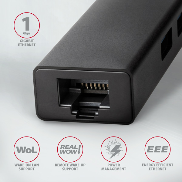 Obrázek AXAGON HMC-GL3A, USB 3.2 Gen 1 hub, porty 3x USB-A + Gigabit Ethernet, kovový, kabel USB-C 20cm
