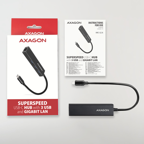 Obrázek AXAGON HMC-GL3A, USB 3.2 Gen 1 hub, porty 3x USB-A + Gigabit Ethernet, kovový, kabel USB-C 20cm