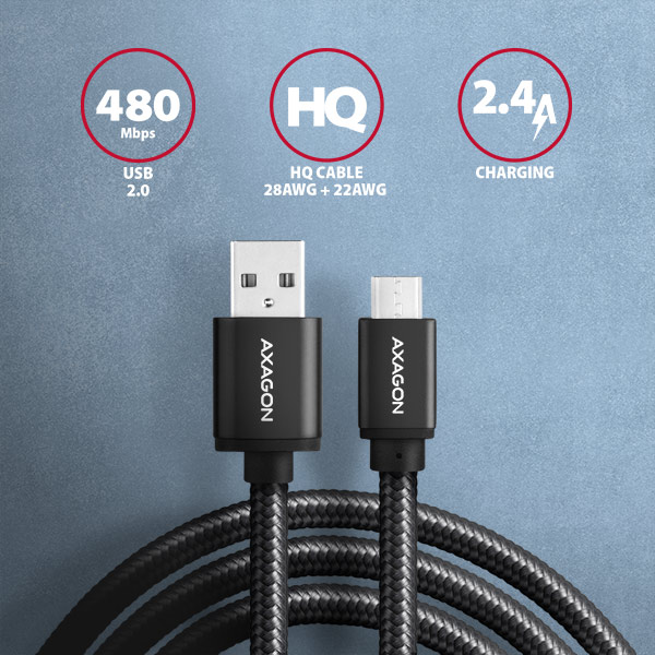 Obrázek AXAGON BUMM-AM10AB, HQ kabel Micro USB <-> USB-A, 1m, USB 2.0, 2.4A, ALU, oplet, černý