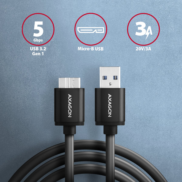 Obrázek AXAGON BUMM3-AM10AB, SPEED kabel Micro-B USB <-> USB-A, 1m, USB 3.2 GEN 1, 3A, ALU, tpe, černý