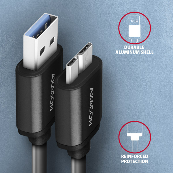 Obrázek AXAGON BUMM3-AM10AB, SPEED kabel Micro-B USB <-> USB-A, 1m, USB 3.2 GEN 1, 3A, ALU, tpe, černý