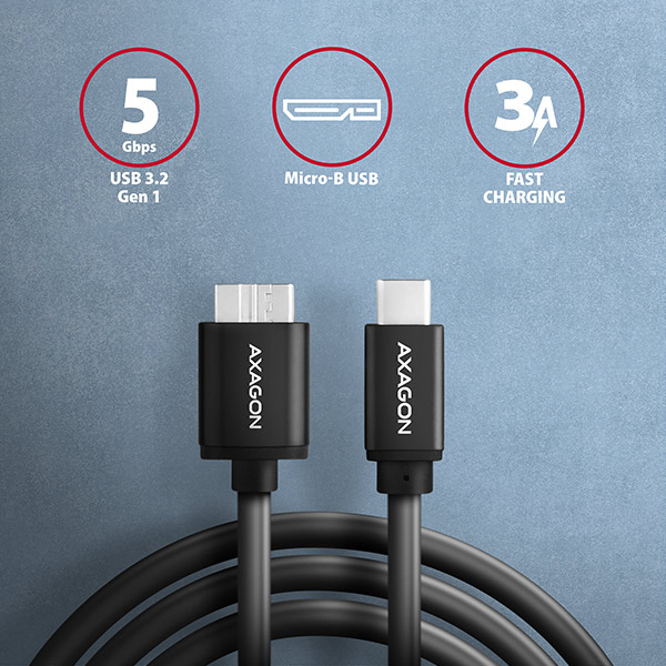 Obrázek AXAGON BUMM3-CM10AB, SPEED kabel Micro-B USB <-> USB-C, 1m, USB 3.2 GEN 1, 3A, ALU, tpe, černý