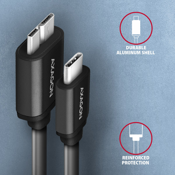 Obrázek AXAGON BUMM3-CM10AB, SPEED kabel Micro-B USB <-> USB-C, 1m, USB 3.2 GEN 1, 3A, ALU, tpe, černý