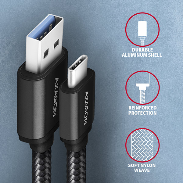 Obrázek AXAGON BUCM3-AM20AB, SPEED kabel USB-C <-> USB-A, 2m, USB 3.2 Gen 1, 3A, ALU, oplet, černý