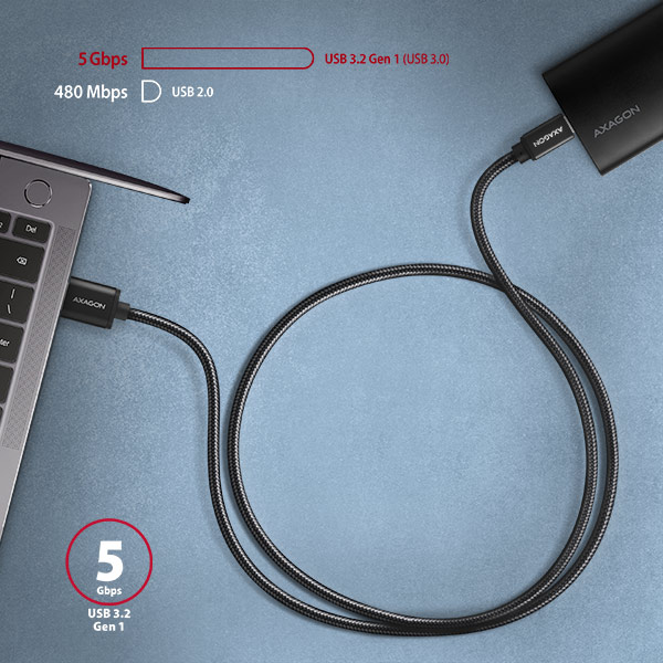 Obrázek AXAGON BUCM3-AM20AB, SPEED kabel USB-C <-> USB-A, 2m, USB 3.2 Gen 1, 3A, ALU, oplet, černý