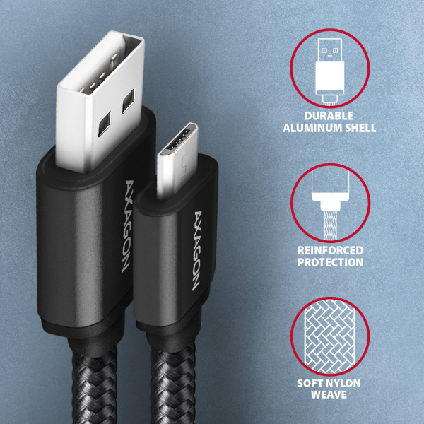 Obrázek AXAGON BUMM-AM15AB, HQ kabel Micro USB <-> USB-A, 1.5m, USB 2.0, 2.4A, ALU, oplet, černý