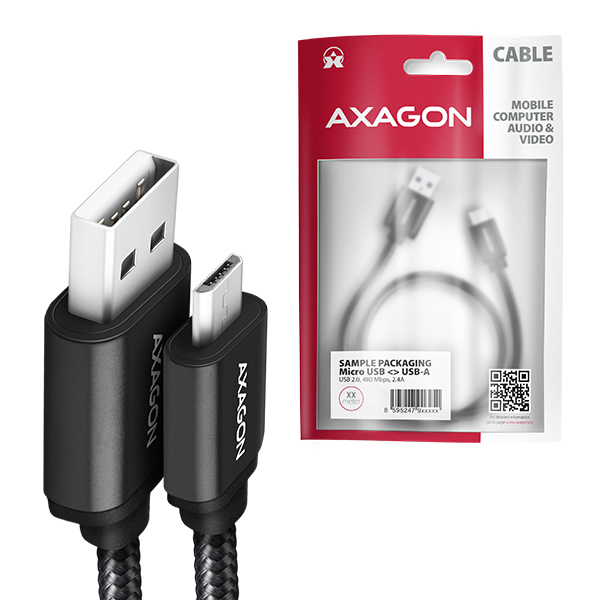 Obrázek AXAGON BUMM-AM15AB, HQ kabel Micro USB <-> USB-A, 1.5m, USB 2.0, 2.4A, ALU, oplet, černý