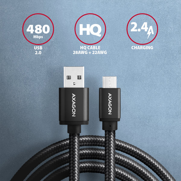 Obrázek AXAGON BUMM-AM20AB, HQ kabel Micro USB <-> USB-A, 2m, USB 2.0, 2.4A, ALU, oplet, černý