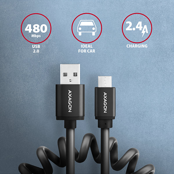 Obrázek AXAGON BUMM-AM10TB, TWISTER kabel Micro USB <-> USB-A, 0.6m, USB 2.0, 2.4A, ALU, tpe, černý