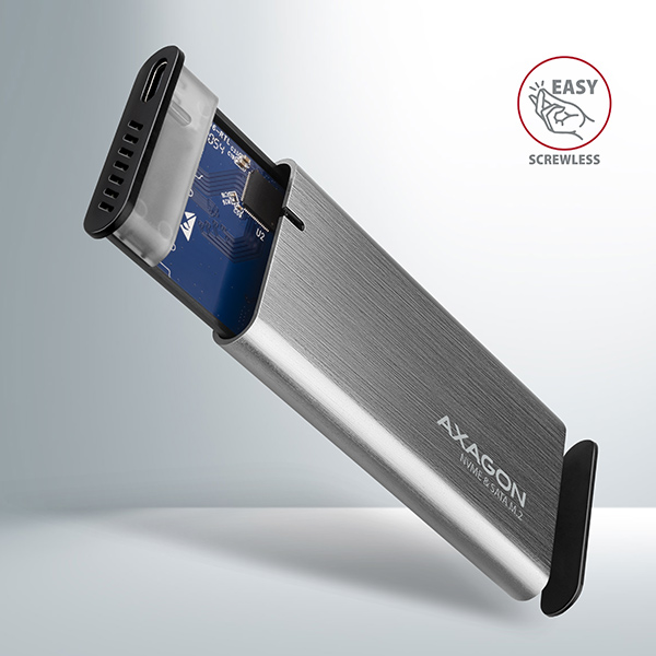 Obrázek AXAGON EEM2-SG2, USB-C 3.2 Gen 2 - M.2 NVMe & SATA SSD kovový RAW box, bezšroubkový, stříbrný