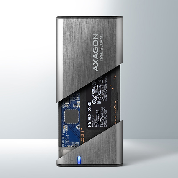 Obrázek AXAGON EEM2-SG2, USB-C 3.2 Gen 2 - M.2 NVMe & SATA SSD kovový RAW box, bezšroubkový, stříbrný