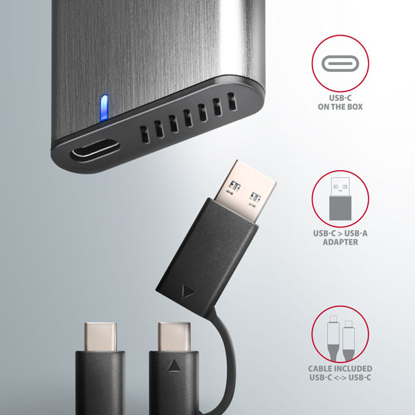 Obrázek AXAGON EEM2-SG2, USB-C 3.2 Gen 2 - M.2 NVMe & SATA SSD kovový RAW box, bezšroubkový, stříbrný