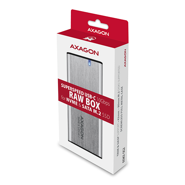 Obrázek AXAGON EEM2-SG2, USB-C 3.2 Gen 2 - M.2 NVMe & SATA SSD kovový RAW box, bezšroubkový, stříbrný