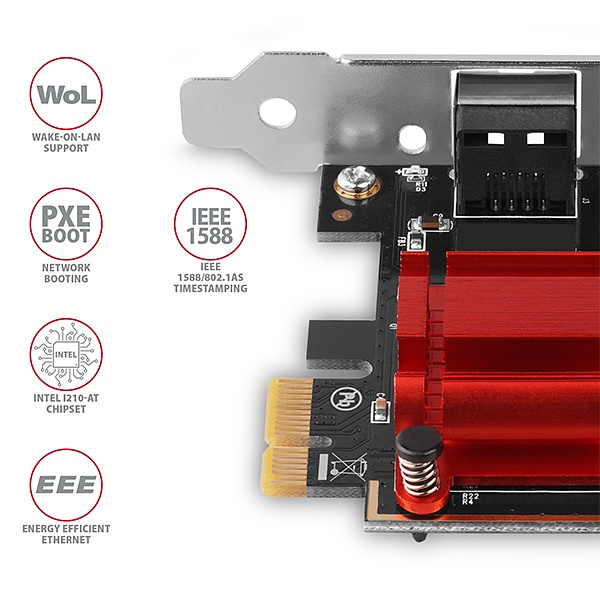 Obrázek AXAGON PCEE-GIX, PCIe síťová karta - 1x Gigabit Ethernet port (RJ-45), Intel i210AT, PXE, vč. LP