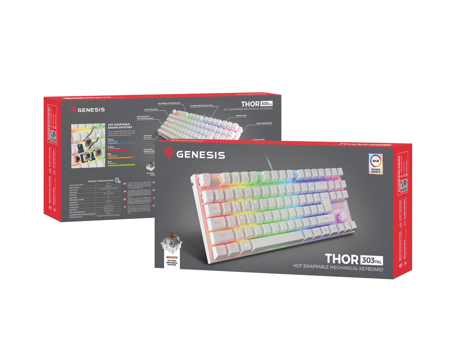 Obrázek Genesis herní mechanická klávesniceTHOR 303/RGB/Outemu Brown/Drátová USB/US layout/Bílá