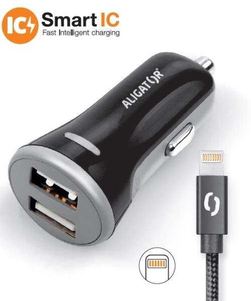 Obrázek ALIGATOR 3.4A, 2xUSB, smart IC, černá, USB kabel pro iPhone/iPad