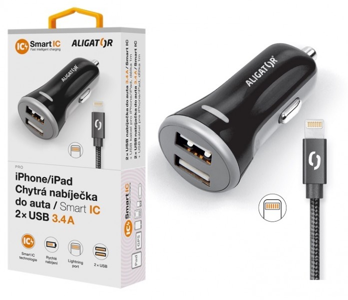 Obrázek ALIGATOR 3.4A, 2xUSB, smart IC, černá, USB kabel pro iPhone/iPad